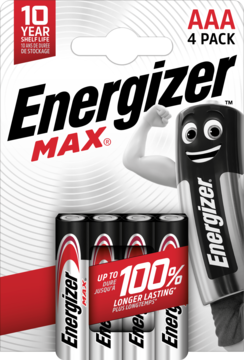 Energizer MAX AAA 4-pack baterii alkalicznych, w blistrze z grafiką postaci, widok z przodu. 100% dłużej.