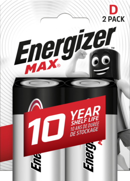 Energizer MAX D 2-pack baterii alkalicznych w blistrze, widok z przodu, z czerwonym banerem 10-letniej trwałości.