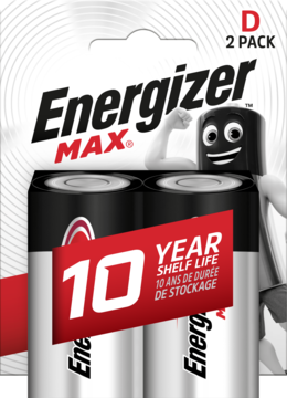 Energizer MAX D 2-pack baterii alkalicznych w blistrze, widok z przodu, z czerwonym banerem 10-letniej trwałości.