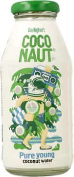 Szklana butelka COCONAUT Pure young coconut water z zieloną zakrętką i grafiką astronauty.
