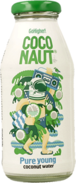 Szklana butelka COCONAUT Pure young coconut water z zieloną zakrętką i grafiką astronauty.
