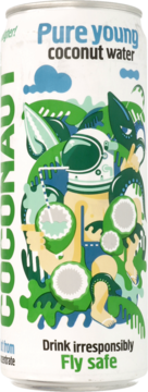 Biała puszka COCONAUT Pure young coconut water, z astronautą pijącym kokos. Widok z przodu, napis: Drink irresponsibly.