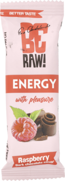 Baton BeRAW! Energy, malinowy z ciemną czekoladą, białe opakowanie z grafiką maliny i czekolady, widok z przodu.