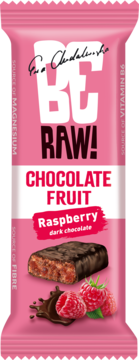 Różowy baton BeRAW! CHOCOLATE FRUIT Raspberry dark chocolate, z grafiką batona i malin na opakowaniu.