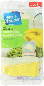 Żółte rękawice Flink & Sauber Classic, rozmiar L, z naturalnego lateksu, bawełniane, do żywności, w opakowaniu.