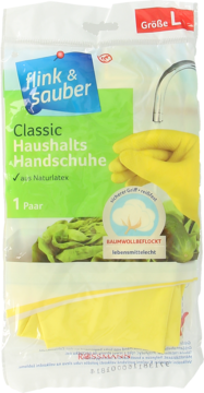 Żółte rękawice Flink & Sauber Classic, rozmiar L, z naturalnego lateksu, bawełniane, do żywności, w opakowaniu.