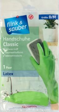 Zielone rękawice gumowe flink & sauber Classic Latex rozmiar M w opakowaniu, jedna rękawica trzyma gąbkę.