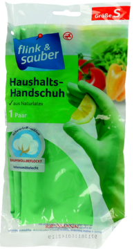 Opakowanie zielonych rękawic Flink & Sauber, rozmiar S, z lateksu, bezpieczne dla żywności, rękawica trzyma cytrynę.