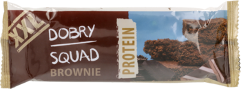 Dobry Squad Protein Brownie bar XXL, ciemnobrązowy, z białym napisem i grafiką brownie na froncie.