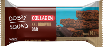 DOBRY SQUAD Collagen XXL Brownie Bar, ciemny baton proteinowy 80g z kolagenem, widok z przodu, brązowe kawałki.