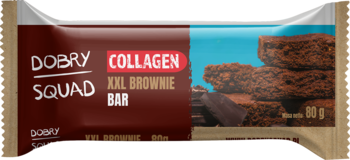 DOBRY SQUAD Collagen XXL Brownie Bar, ciemny baton proteinowy 80g z kolagenem, widok z przodu, brązowe kawałki.