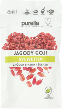 Biała torebka Purella SuperFoods Jagody Goji, 100% naturalny, z czerwoną grafiką owoców i hasłem 'Sylwetka'.