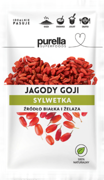Biała torebka Purella Superfoods Jagody Goji z suszonymi owocami, zielonym paskiem i napisem 'Źródło białka i żelaza'.