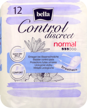 Fioletowe opakowanie wkładek urologicznych Bella Control Discreet Normal, widok z przodu.