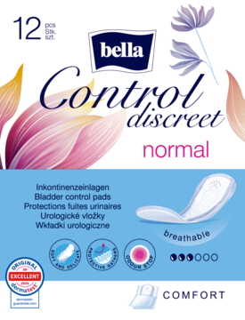 Bella Control Discreet Normal, 12 szt., dyskretne wkładki urologiczne, w niebieskim pudełku z kwiatowym wzorem.