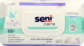Seni Care Classic pielęgnacyjne chusteczki nasączane z aloesem i alantoiną, białe opakowanie, widok z przodu.