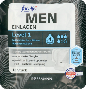 Szare opakowanie wkładek Facelle Men Level 1 Rossmann na nietrzymanie moczu, 12 szt., widok z przodu.