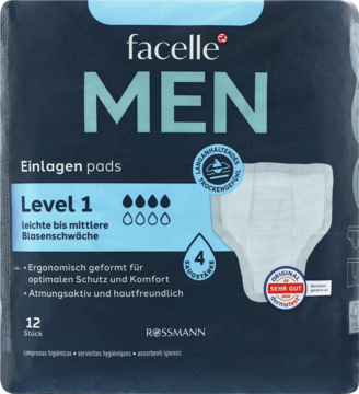 Ciemnoniebieskie opakowanie Facelle MEN wkładki higieniczne dla mężczyzn, Level 1, 12 sztuk, przód, na lekkie nietrzymanie moczu.