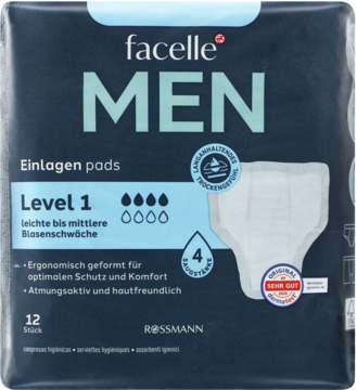 Ciemnoniebieskie opakowanie facelle MEN Einlagen pads Level 1, 12 szt. Wkładki dla mężczyzn, łagodna inkontynencja.