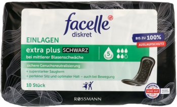 Czarne opakowanie Facelle Diskret, wkładki higieniczne ekstra plus, 10 sztuk, dla średniej inkontynencji.