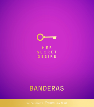 Banderas Her Secret Desire woda toaletowa, fioletowe opakowanie ze złotym kluczem i napisem, widok z przodu.
