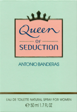 Antonio Banderas Queen Of Seduction EDT 50ml w jasnoniebieskim pudełku z różowym kwadratem i złotą koroną. Widok z przodu.