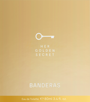 Złote pudełko Banderas Her Golden Secret Eau de Toilette, z białym symbolem klucza i napisem, widok z przodu.