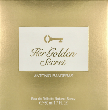 Złote pudełko wody toaletowej Antonio Banderas Her Golden Secret z białą etykietą i złotym kluczem, widok z przodu.