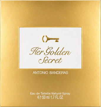 Złote pudełko Antonio Banderas Her Golden Secret Eau de Toilette 50ml z białym panelem i złotym kluczem, widok z przodu.