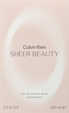 Przednie ujęcie różowego pudełka Calvin Klein Sheer Beauty Eau de Toilette 100 ml z białym owalnym wzorem.