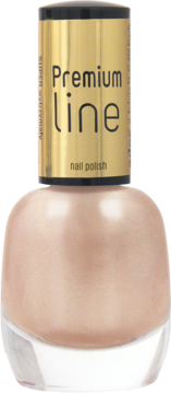 Lakier Ados Premium Line, perłowy beż z połyskiem, w szklanej butelce ze złotą nakrętką, widok z przodu.