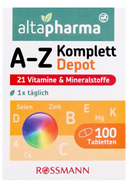 Białe opakowanie altapharma A-Z Komplett Depot z 21 witaminami i minerałami, 100 tabletek, widok frontalny.