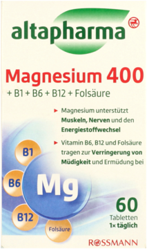 Biało-zielone pudełko suplementu altapharma Magnez 400 + witaminy B, widok z przodu, logo Rossmann.