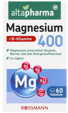 Altapharma Magnesium 400 + B-Vitamine, biało-zielone pudełko, wspiera mięśnie i nerwy, 60 tabletek.