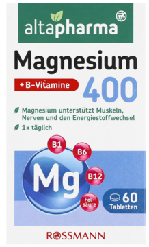 Altapharma Magnesium 400 + B-Vitamine, biało-zielone pudełko, wspiera mięśnie i nerwy, 60 tabletek.