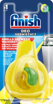 Finish odświeżacz do zmywarki Lemon & Lime, żółty, w kształcie gruszki, w opakowaniu z logo.