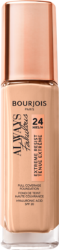 Beżowy podkład Bourjois Always Fabulous Full Coverage 24H SPF 20 w szklanej butelce z miedzianą nakrętką.