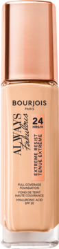 Beżowy podkład Bourjois Always Fabulous Full Coverage, z kwasem hialuronowym i SPF 20, widok z przodu butelki.