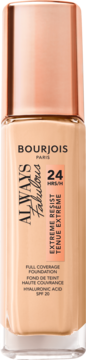 Podkład Bourjois Always Fabulous, beżowy, pełne krycie, SPF 20, w przezroczystej butelce z miedzianą zakrętką, przód.