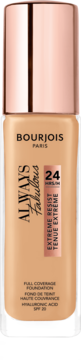 Kryjacy podklad Bourjois Always Fabulous w bezowej butelce z rozowozlota nakretka, z kwasem hialuronowym i SPF 20.