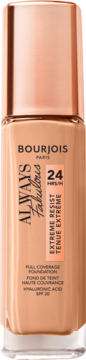 Bourjois Always Fabulous podkład pełne krycie 24H, kwas hialuronowy SPF 20. Beżowa butelka, widok z przodu.