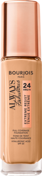 Bourjois Always Fabulous podkład, beżowa szklana butelka z różowo-złotą zakrętką, widok z przodu, SPF 20.