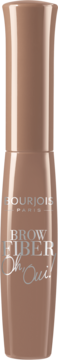 Bourjois Brow Fiber Oh Oui mascara w lśniącej beżowej butelce ze srebrnymi napisami, widok z przodu.