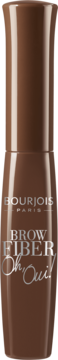 Bourjois Brow Fiber Oh Oui maskara do brwi w błyszczącej, brązowej tubce z srebrnymi napisami, widok z przodu.