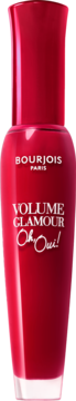Maskara Bourjois Volume Glamour Oh Oui! w błyszczącej, burgundowej butelce, widok z przodu, pełne opakowanie.
