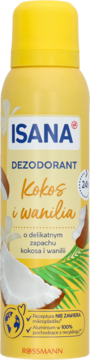 Isana dezodorant spray Kokos i Wanilia 24h w żółtej butelce, widok z przodu, z wzorami kokosa.