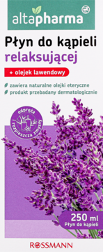 Altapharma płyn do kąpieli relaksującej z olejkiem lawendowym, fioletowa butelka z kwiatami lawendy, widok z przodu.