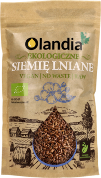 Ekologiczne siemię lniane Olandia w brązowej torebce stojącej z grafiką ziaren i wiejskiego krajobrazu.