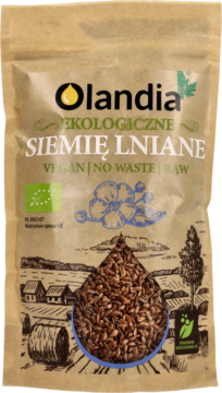 Ekologiczne siemię lniane Olandia w brązowej torebce stojącej z grafiką ziaren i wiejskiego krajobrazu.