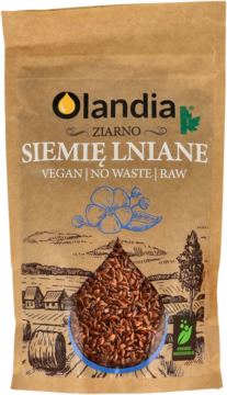 Olandia Siemię Lniane ziarno w brązowej papierowej torebce z okienkiem ukazującym nasiona, widok z przodu.